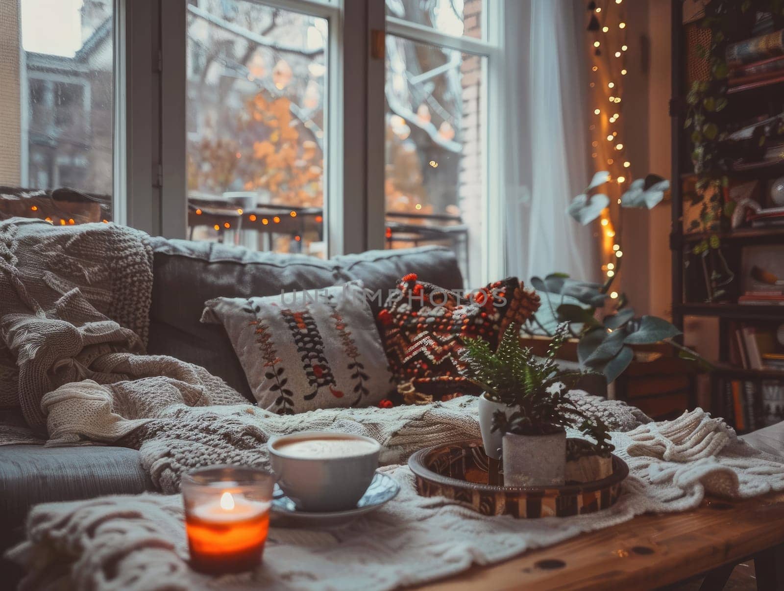 A warm and inviting living room showcases a comfortable couch adorned with soft throws and cushions. A steaming cup of tea rests beside a flickering candle and potted plants, perfect for autumn.