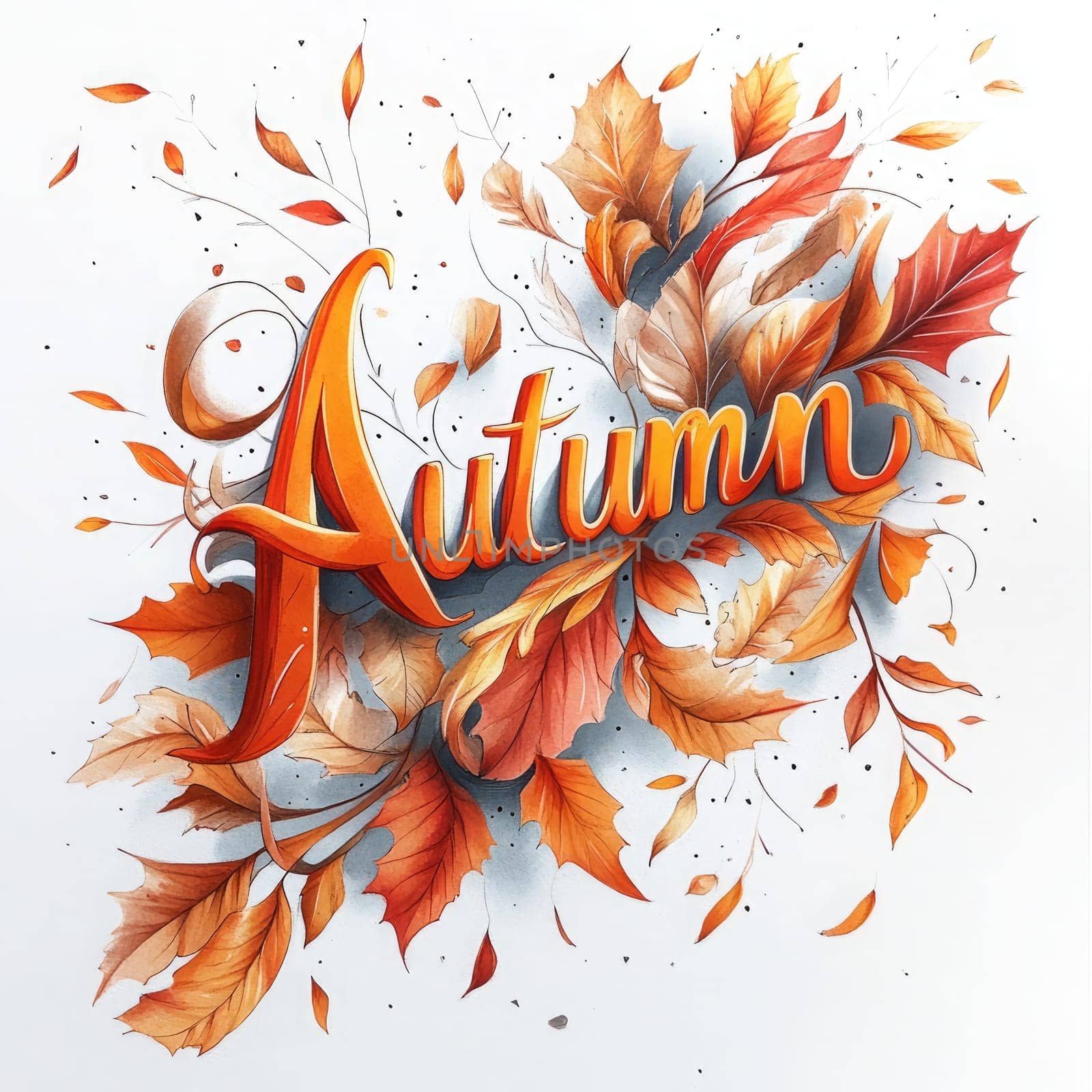 The artwork features the word Autumn in bold, vibrant letters, surrounded by a variety of colorful leaves, celebrating the beauty of fall.
