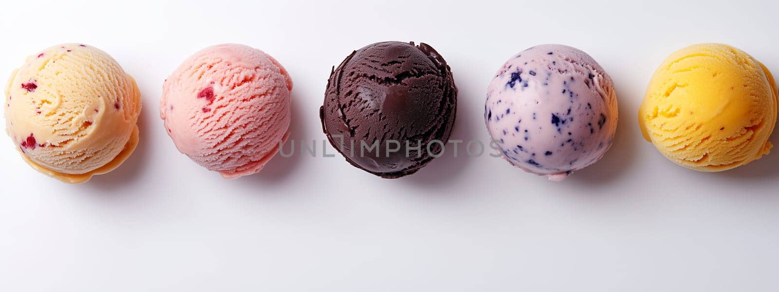 A delightful display of five ice cream scoops in various flavors. The vibrant colors enhance the appeal, making it ideal for summer celebrations or dessert options.