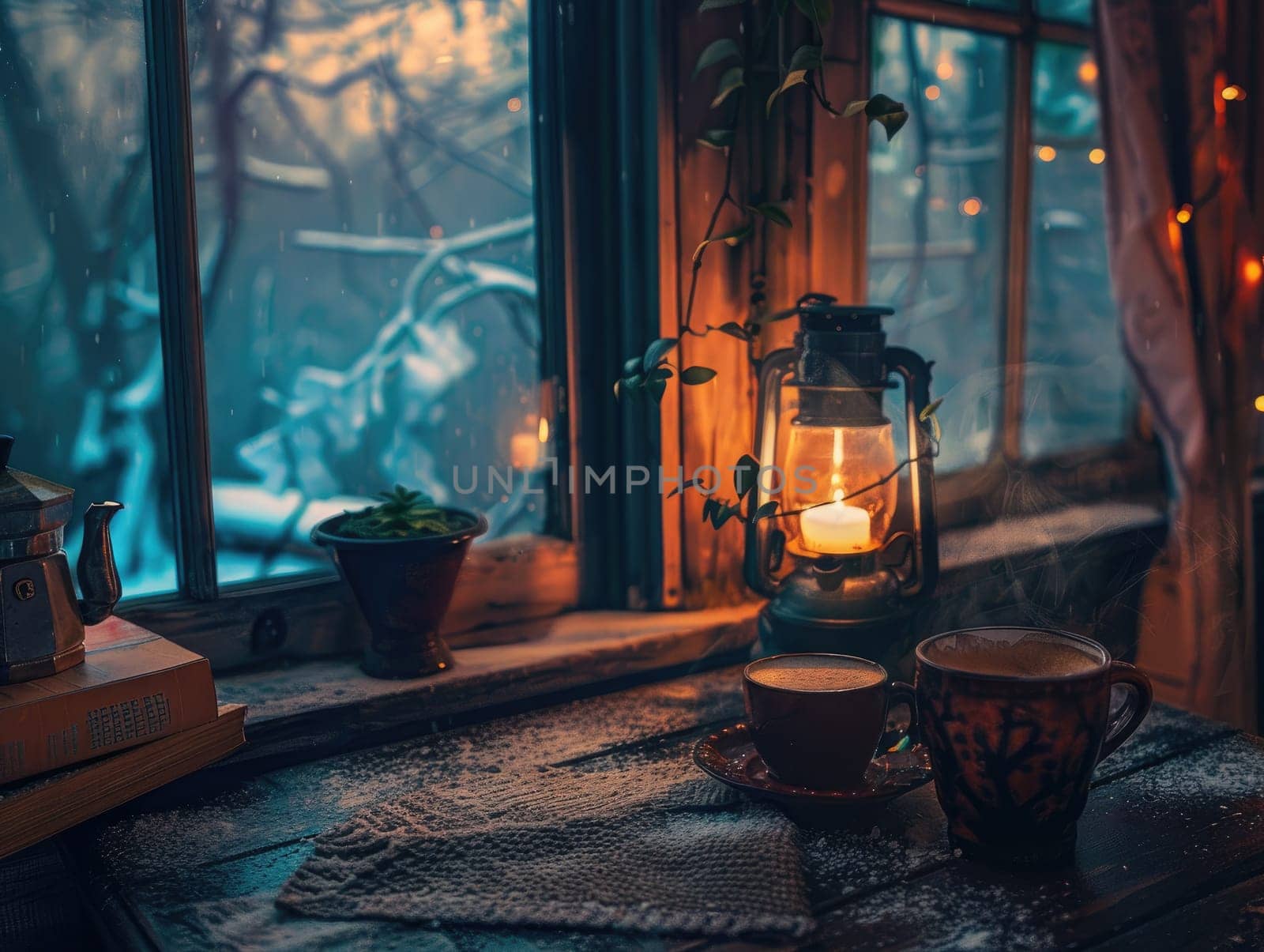 Soft light streams through the window as two cups of hot beverages sit on a wooden table, surrounded by warm decor and the glow of candlelight in a peaceful cabin.