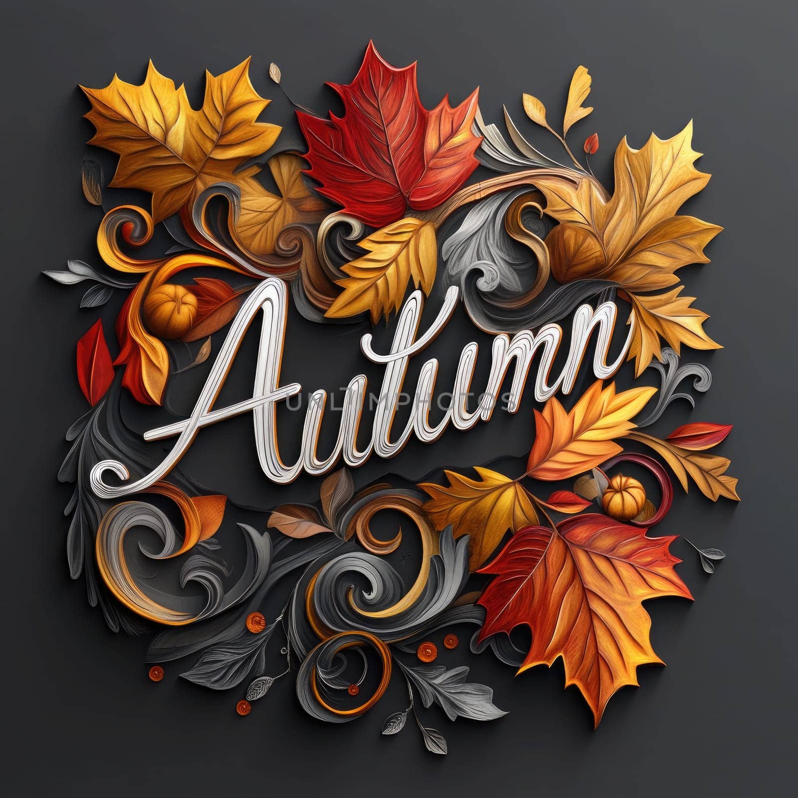A creative arrangement features curling autumn leaves in shades of orange and gold, beautifully enhanced by decorative elements, capturing the essence of fall.