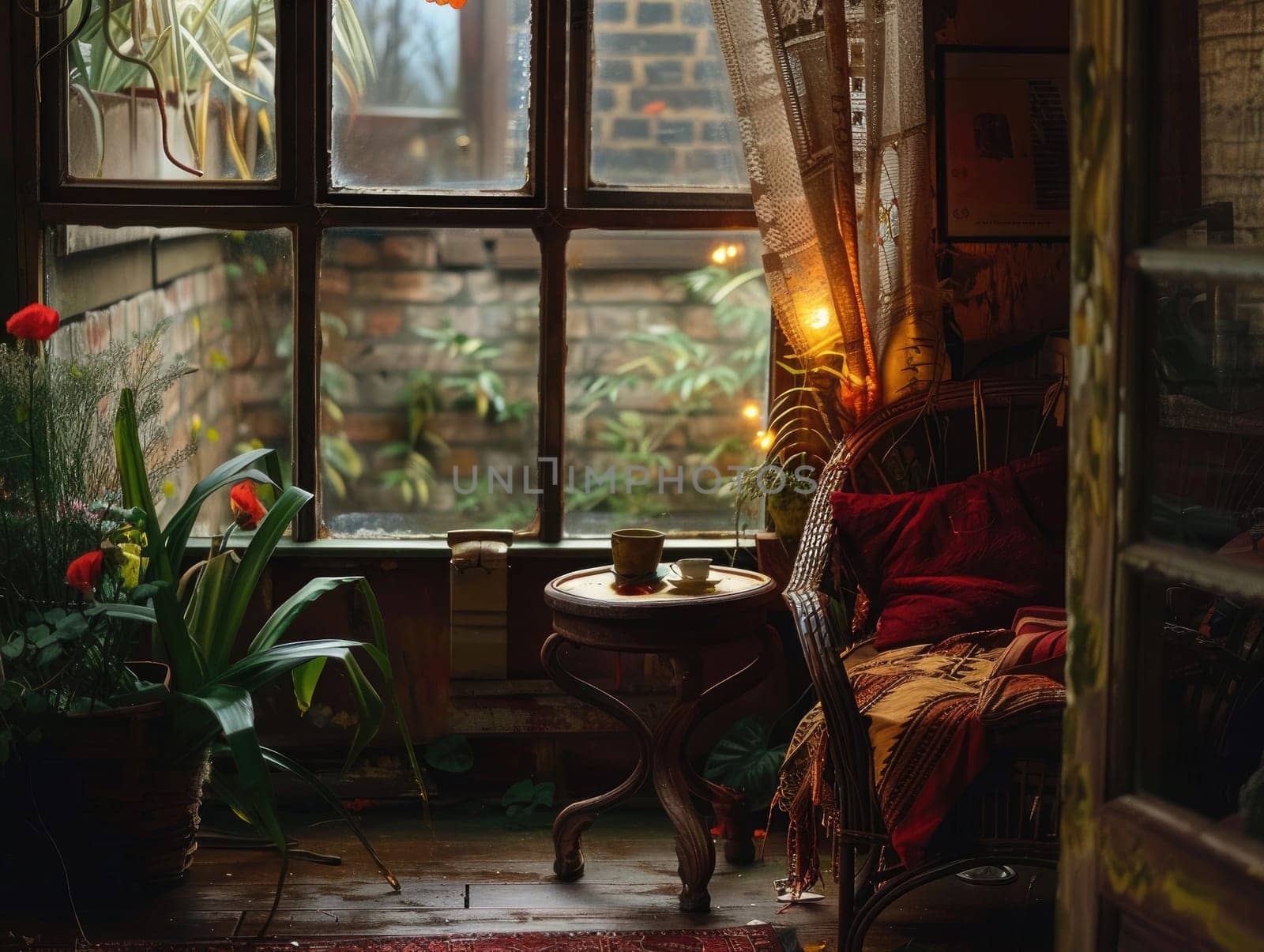 A serene corner showcases a comfortable chair and a small table with a cup of tea. Soft light filters through the window, highlighting the lush plants nearby.