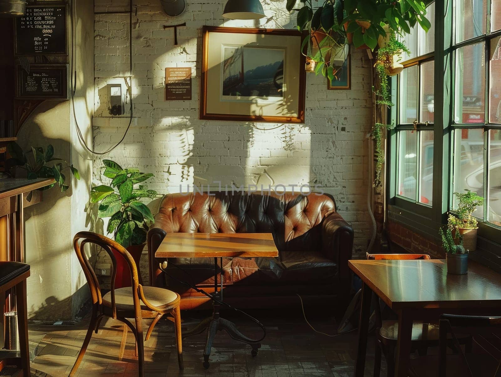 A charming cafe features a vintage leather couch, wooden tables, and plants illuminated by soft sunlight filtering through large windows.
