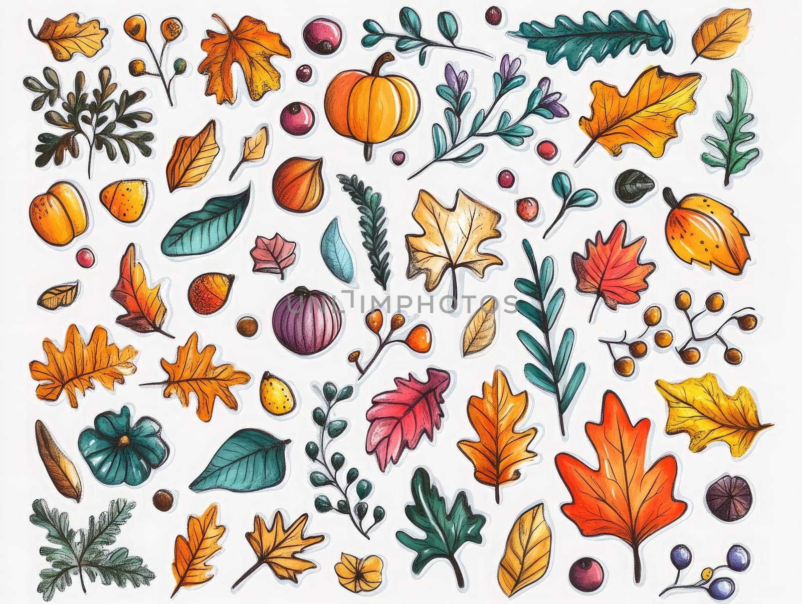 A collection of autumn leaves, pumpkins, and berries illustrated in rich colors captures the essence of fall. The artwork highlights the variety of seasonal flora.