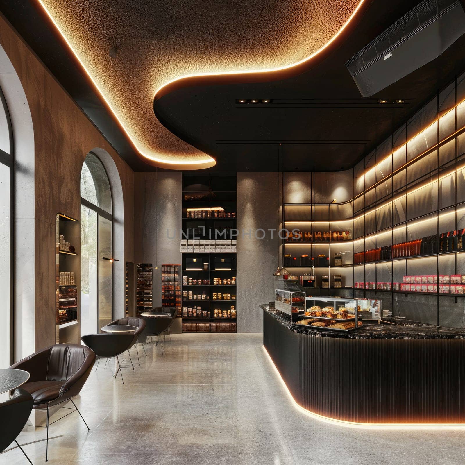 This contemporary cafe showcases an open layout with elegant seating, a beautifully crafted display counter, and warm lighting, creating a cozy atmosphere for patrons to enjoy.