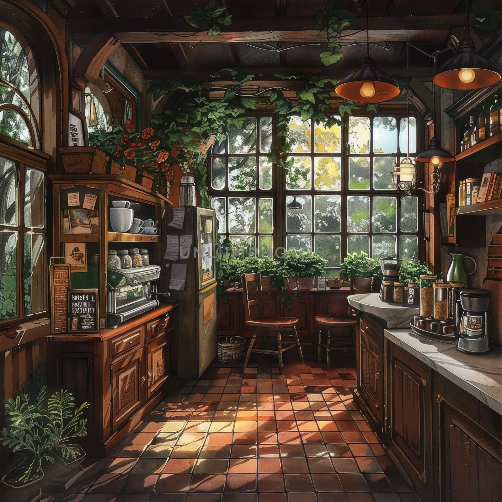 Sunlight streams through large windows in a kitchen adorned with plants and rustic wooden furniture. A warm, inviting ambiance surrounds the room filled with kitchenware.