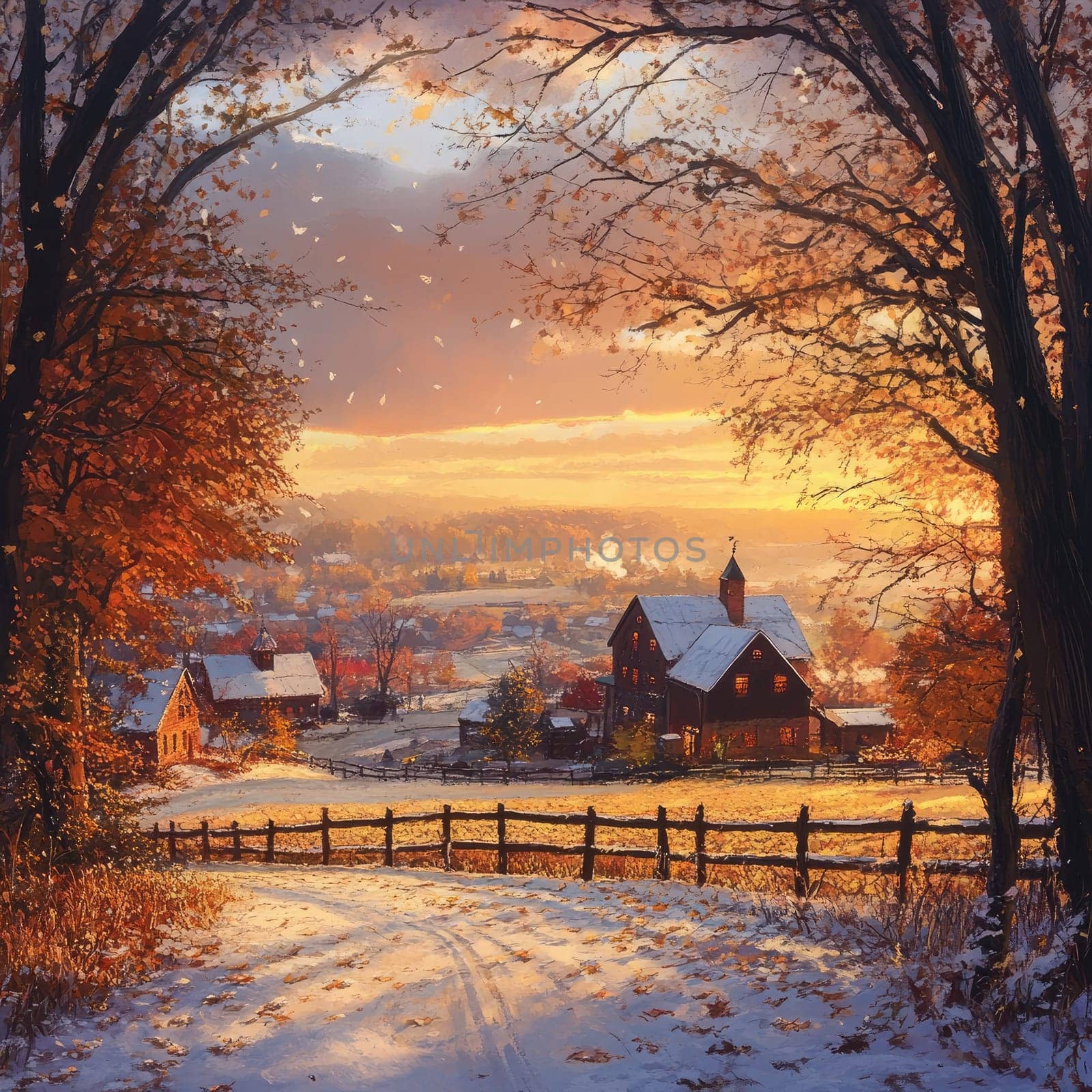 A picturesque countryside scene captures a rustic farmhouse surrounded by snow-dusted fields and vibrant autumn trees, illuminated by a stunning winter sunset.