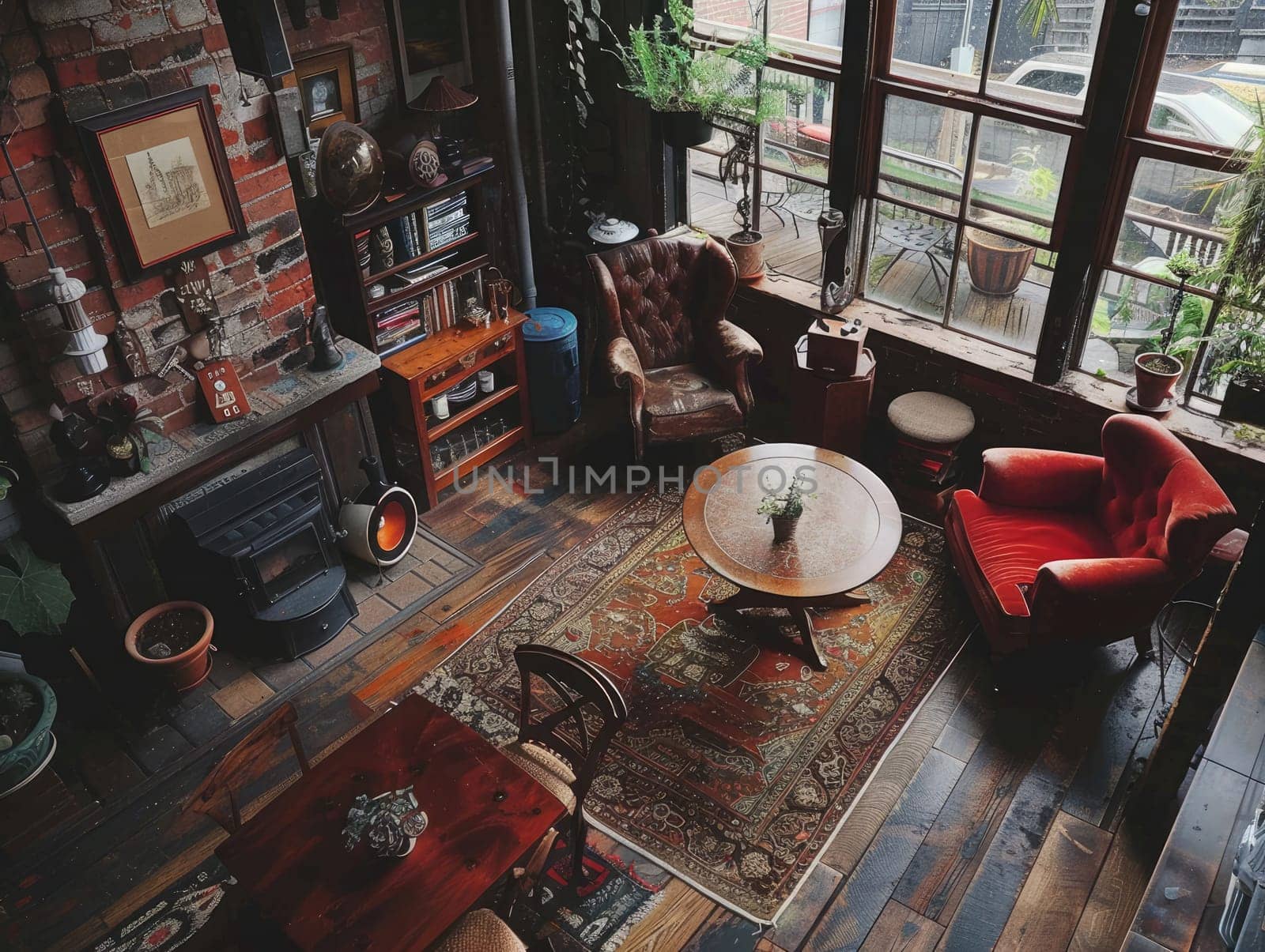 A warm and inviting urban living room features vintage furniture, large windows allowing natural light, and a wooden floor adorned with plants and decor.