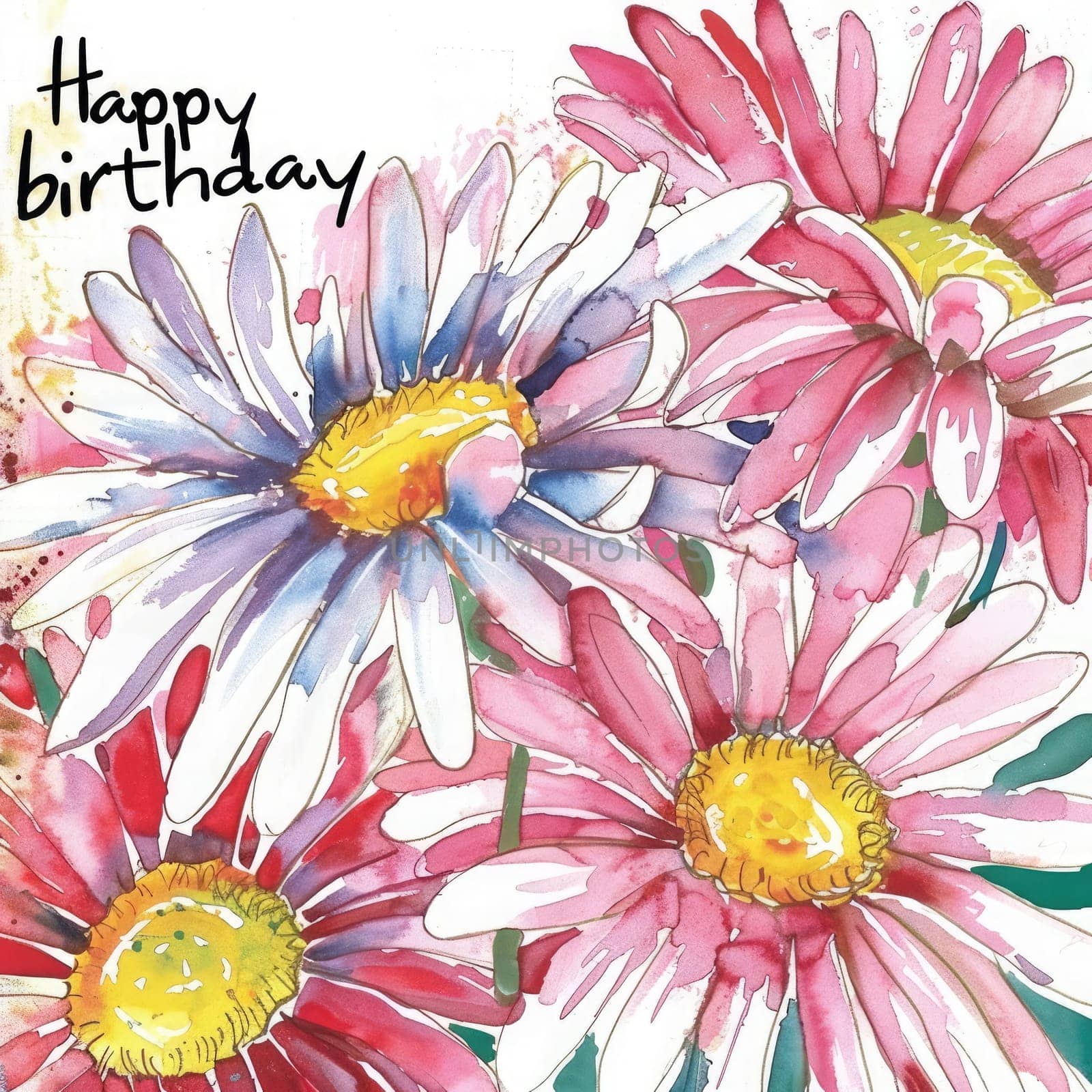 A vibrant watercolor card showcases colorful daisies in pink and white hues, adorned with a joyful birthday greeting, perfect for celebrating a special day.