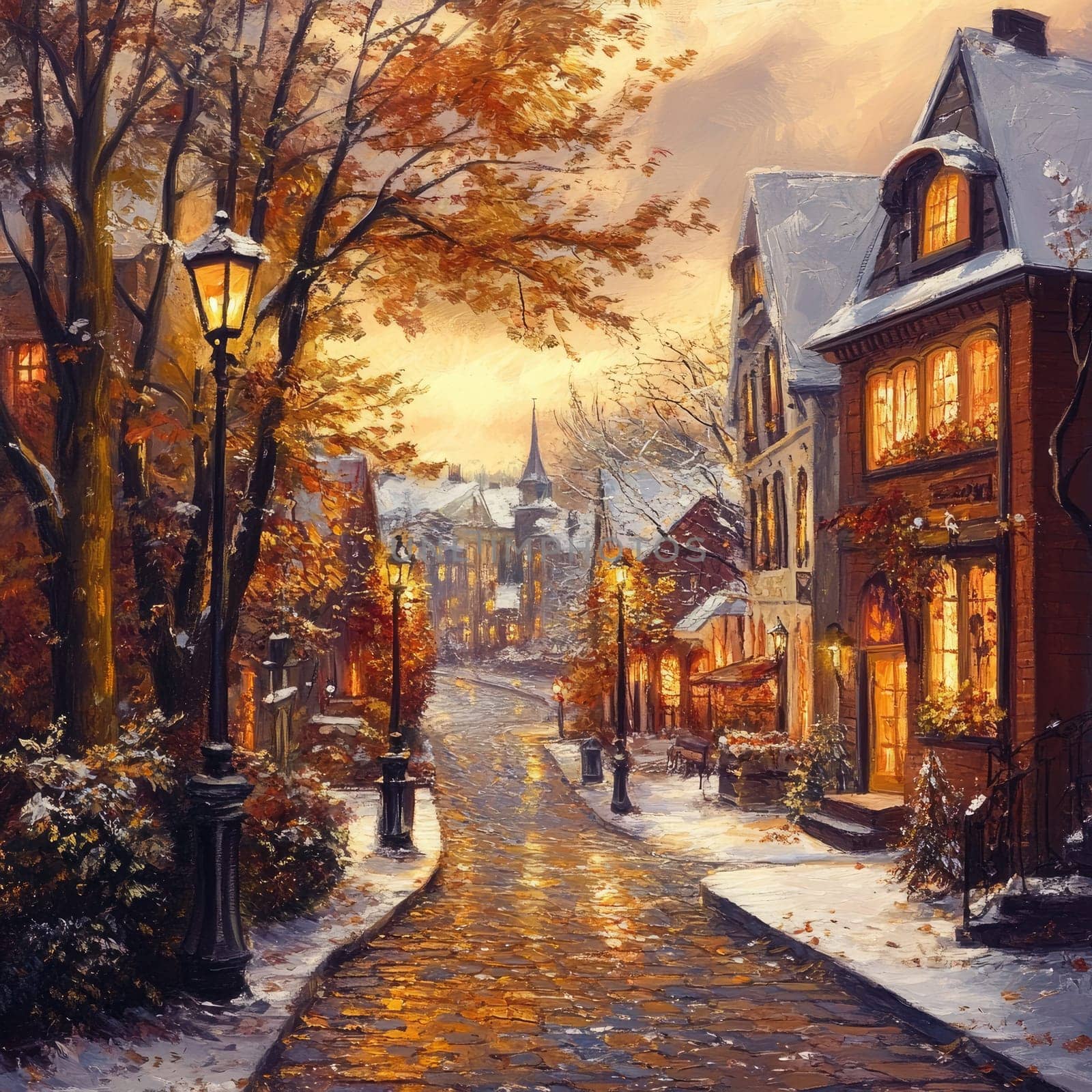 In a quaint neighborhood, warm light spills from windows of historic homes while snow blankets the ground, creating a serene atmosphere during a crisp autumn evening.