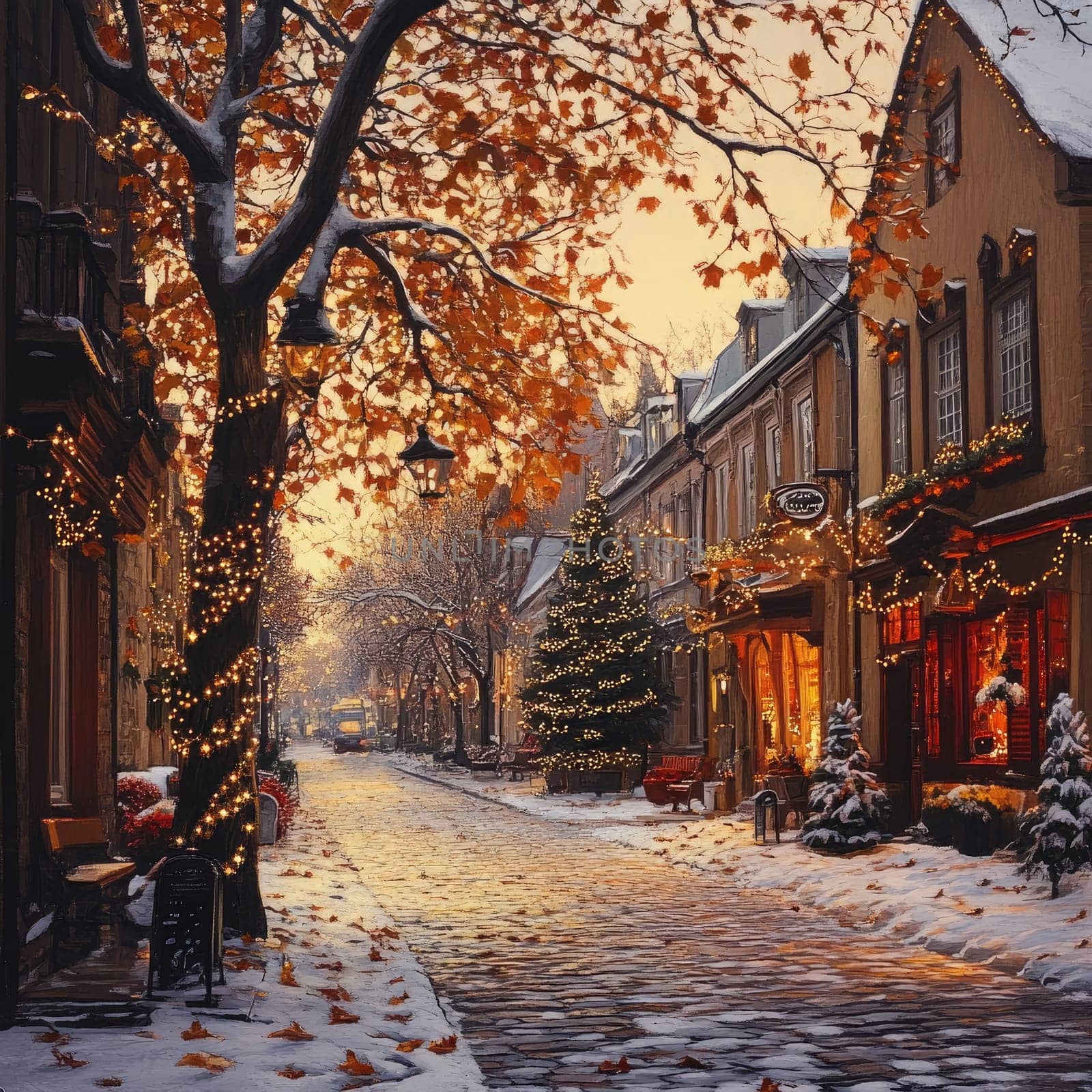 A picturesque street is illuminated by warm holiday lights and surrounded by snow, showcasing festive decorations and charming storefronts during the winter evening.