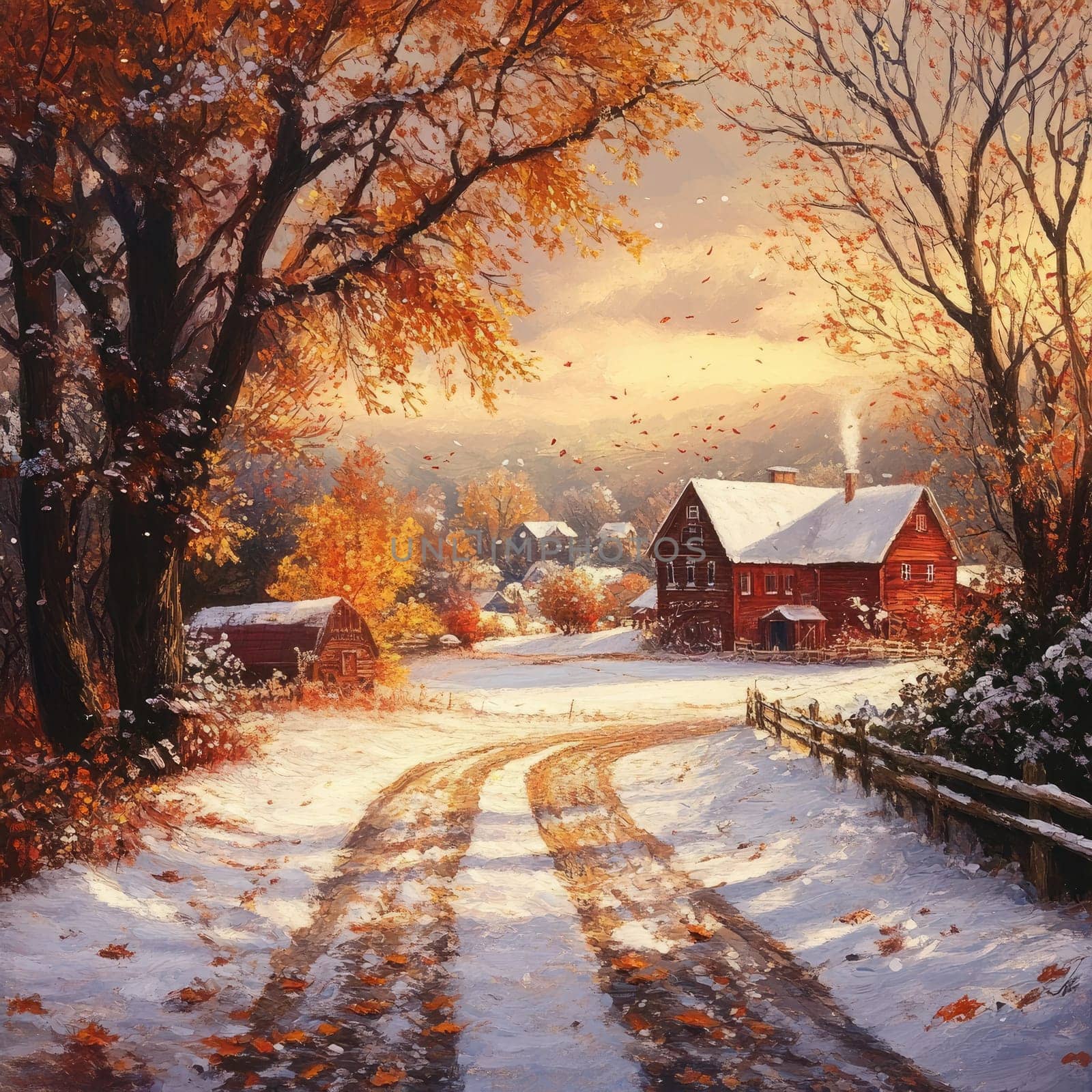The setting captures a peaceful winter evening in the countryside, with rustic cottages surrounded by snow and colorful autumn leaves under a soft sunset.