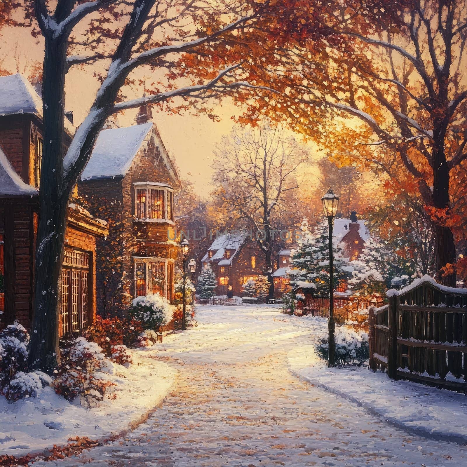 A tranquil village street is covered in fresh snow, surrounded by charming homes with warm lights glowing, showcasing a lovely autumn atmosphere in the late afternoon.