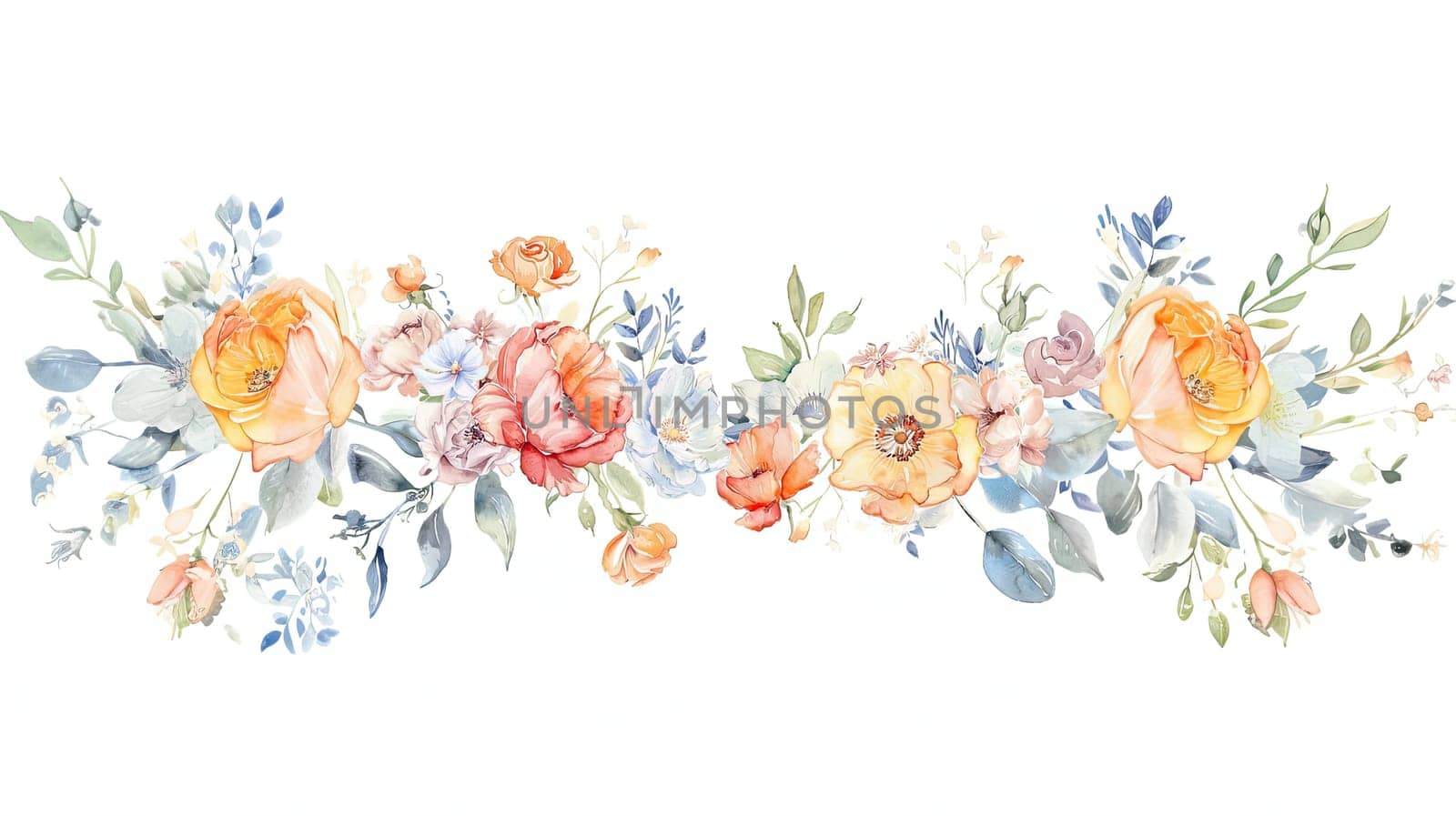 A stunning arrangement of watercolor flowers blooms vibrantly, showcasing various colors and types including roses and peonies, set against a clean white backdrop.