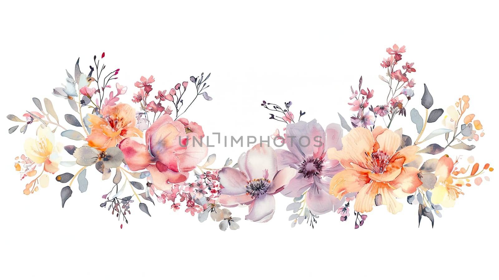An artistic arrangement of various flowers including peonies and small blossoms showcased against a clean white backdrop, creating a vibrant and inviting appearance.