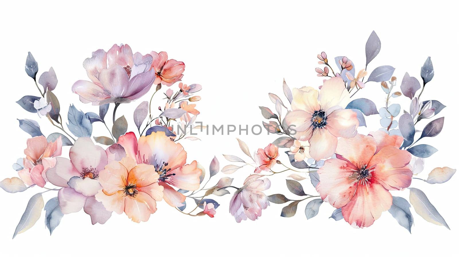 A beautiful watercolor floral composition showcases an array of soft pink, peach, and blue flowers intertwined with delicate leaves, perfect for various design applications.