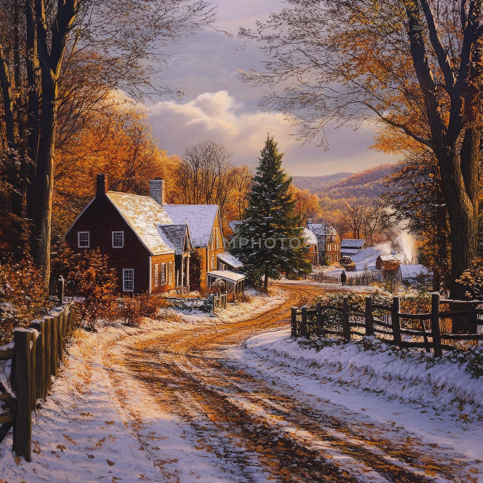 Set in a serene village, this scene captures a winding dirt path lined with snowy edges, leading to charming wooden homes amidst vibrant autumn foliage under a golden sky.