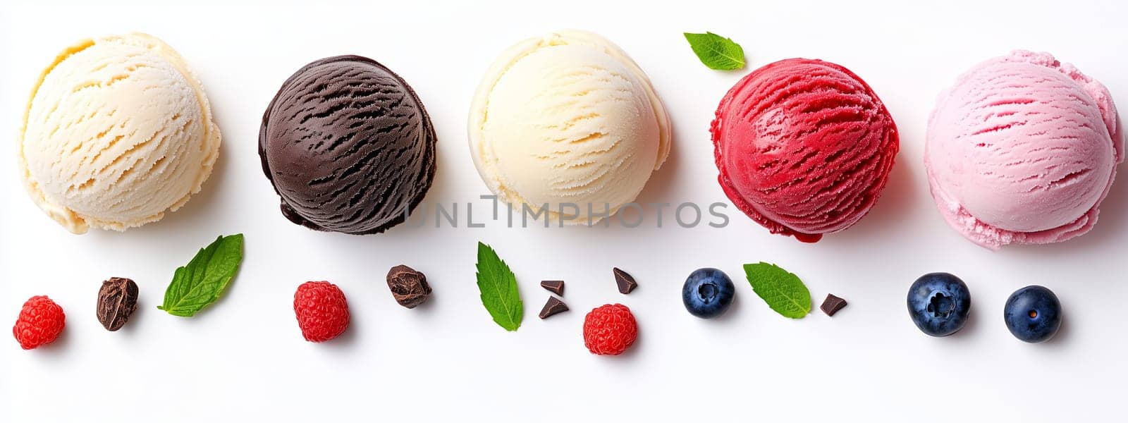 Four scoops of ice cream in different flavors sit neatly in a row, surrounded by fresh raspberries, blueberries, and mint leaves, creating a vibrant and appealing display.