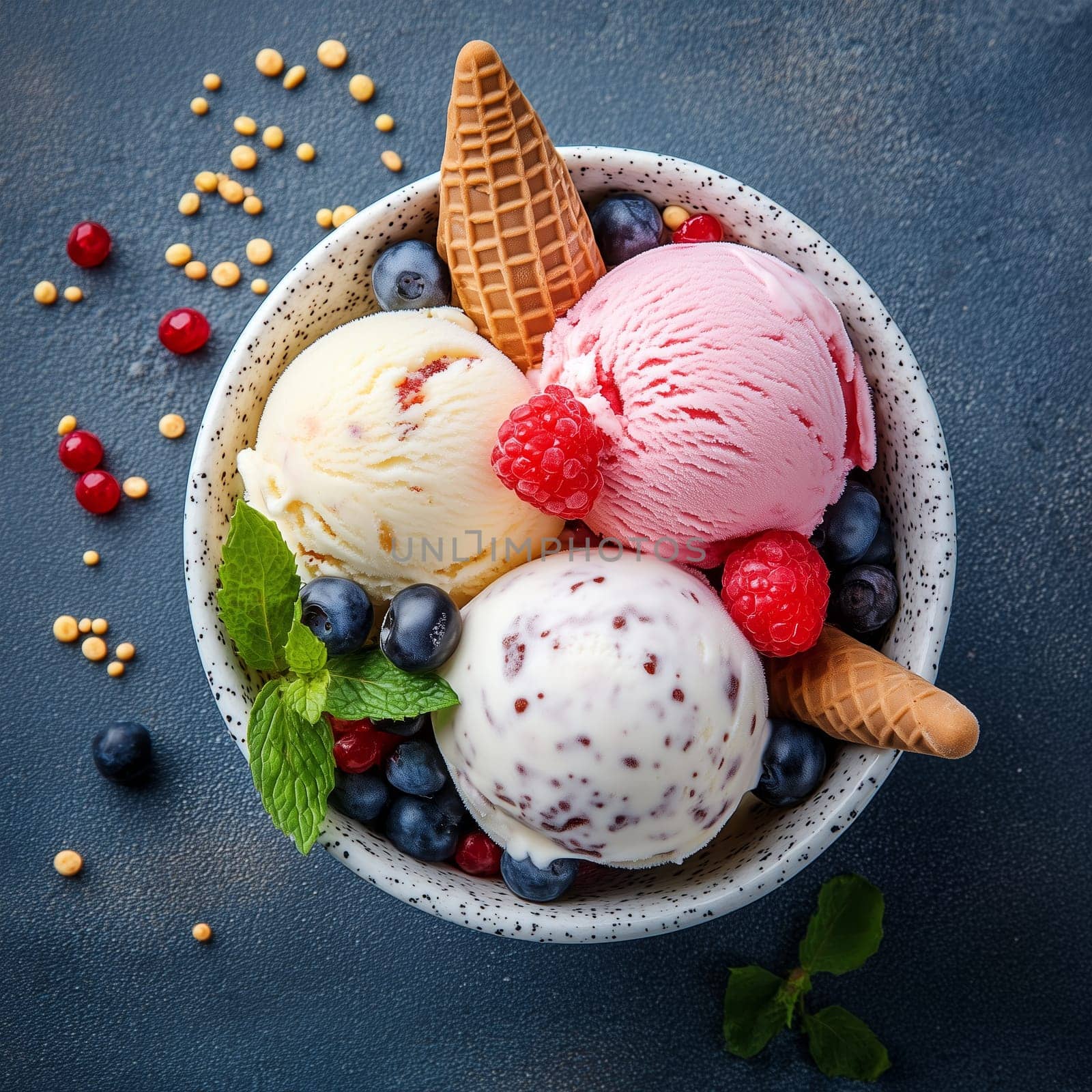 A delightful sundae featuring three scoops of ice cream in various flavors, topped with fresh raspberries, blueberries, and mint on a rustic blue table.