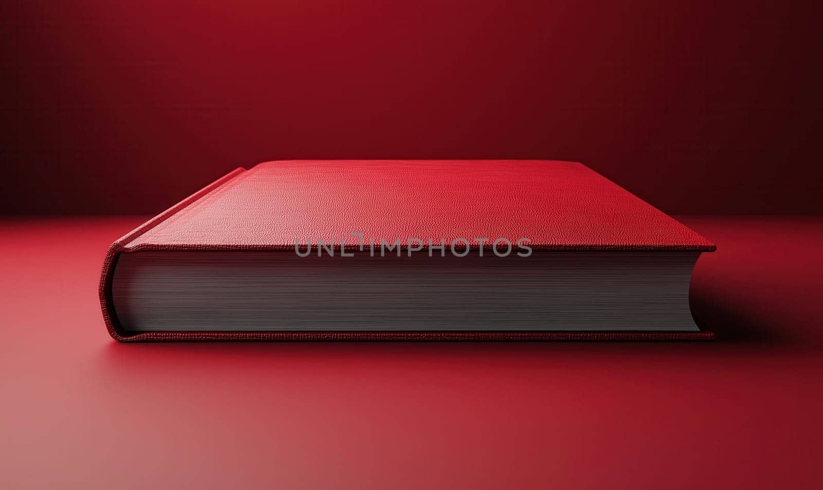 3d red book with blank cover on red background. Selective focus.