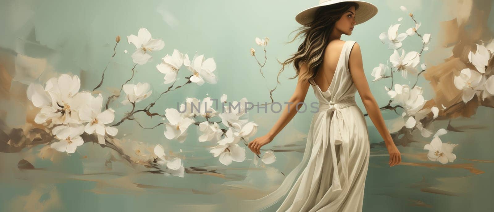 Abstract painting, painting woman in hat and flowers.on textured background. Selective focus.