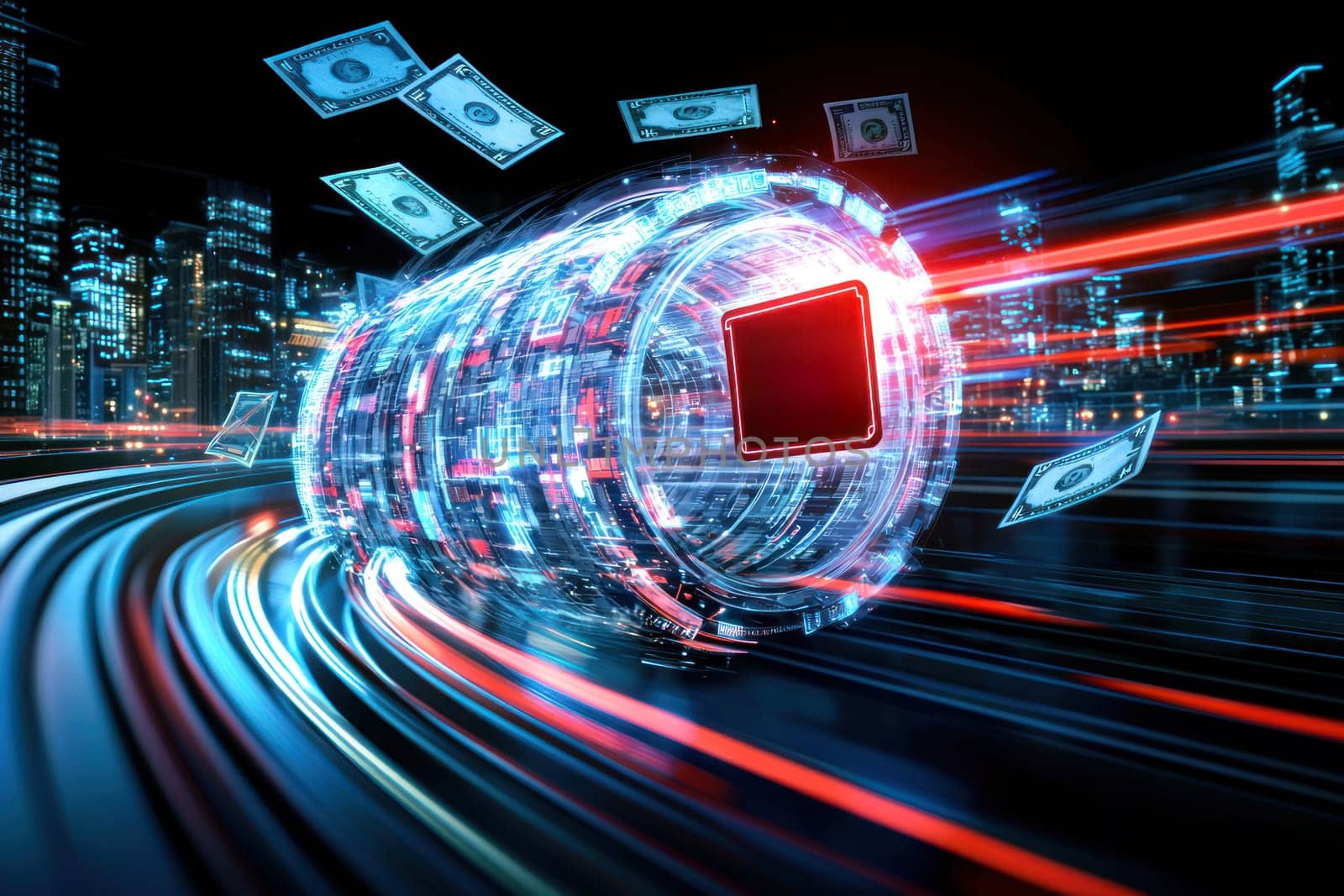 Digital wallet icon floating in mid air with money flying around.