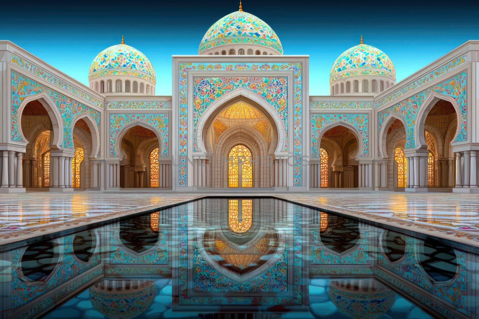 Intricate mosque architecture with colorful domes and reflective water.