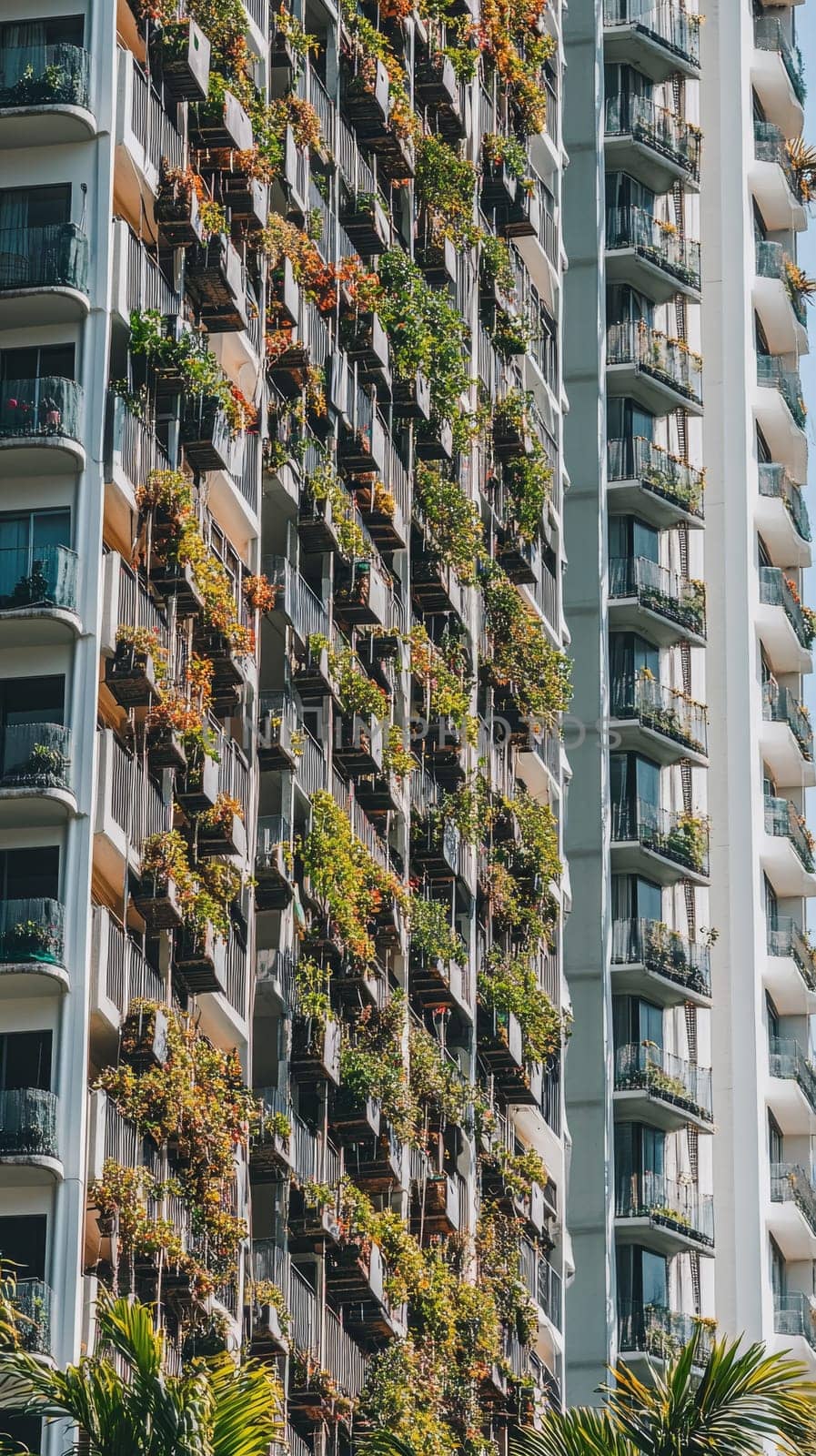 Stunning view of a high rise apartment building with balconies covered in lush green plants, showcasing urban gardening and eco friendly architecture.