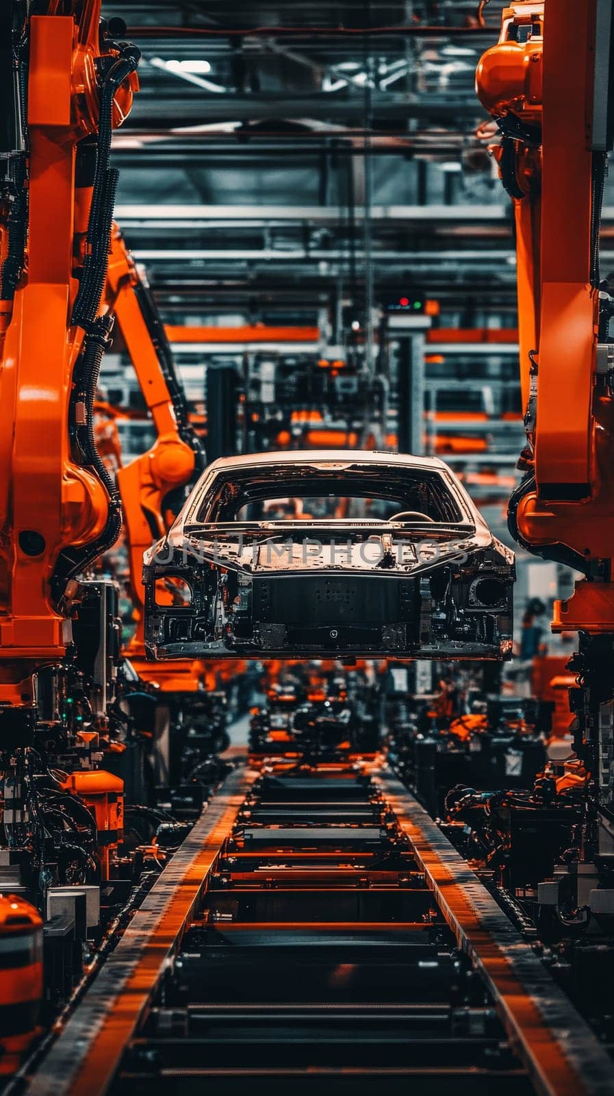 Orange robotic arms assembling car body on production line, showcasing advanced automation technology in modern automotive manufacturing facility.