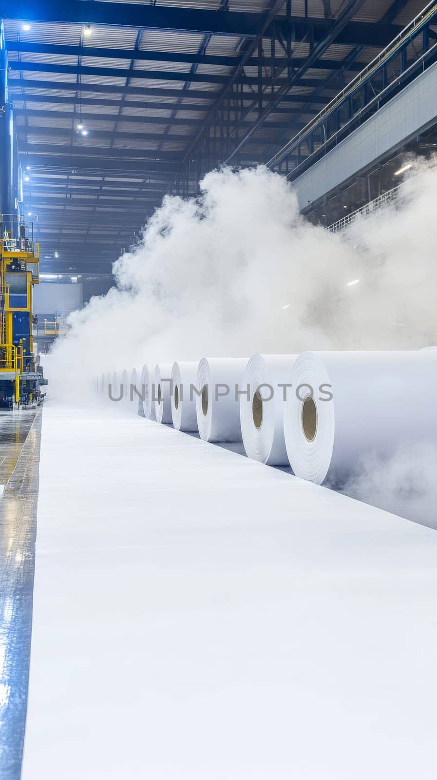 A vast industrial warehouse filled with thick, swirling fog obscures rows of massive paper rolls, creating an otherworldly, surreal atmosphere.