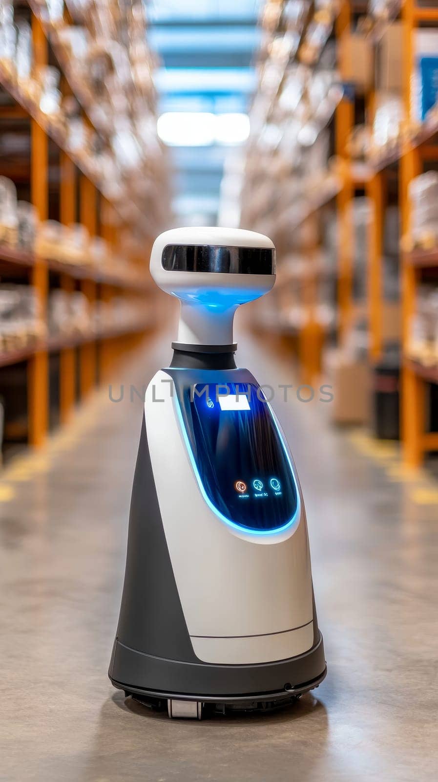 Sleek white autonomous robot with blue illumination navigating a modern warehouse aisle, showcasing advanced logistics and inventory management technology.
