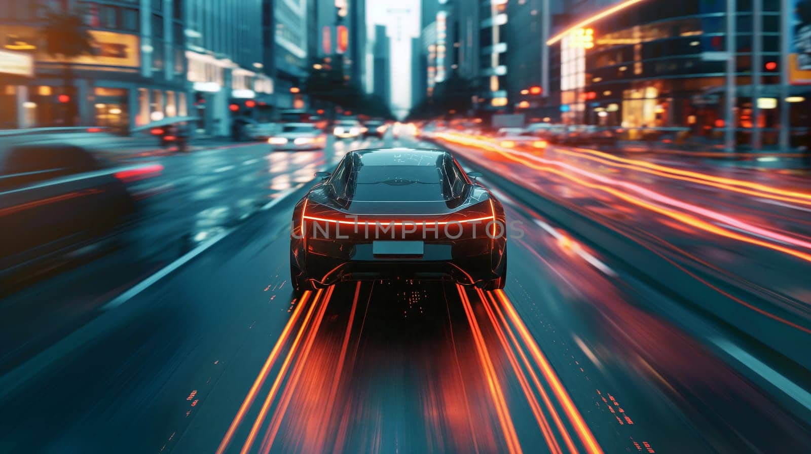 A modern black vehicle accelerates down a rain-soaked city street at twilight, with reflections of neon signs creating a dynamic atmosphere - Generative AI