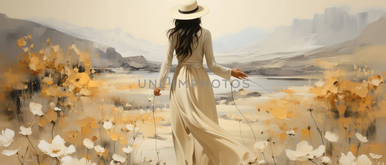 Abstract painting, painting woman in hat and flowers.on textured background. Selective focus.