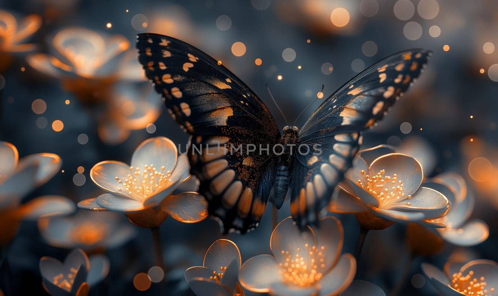 Mystical butterfly with glowing wings on flowers. Selective focus.