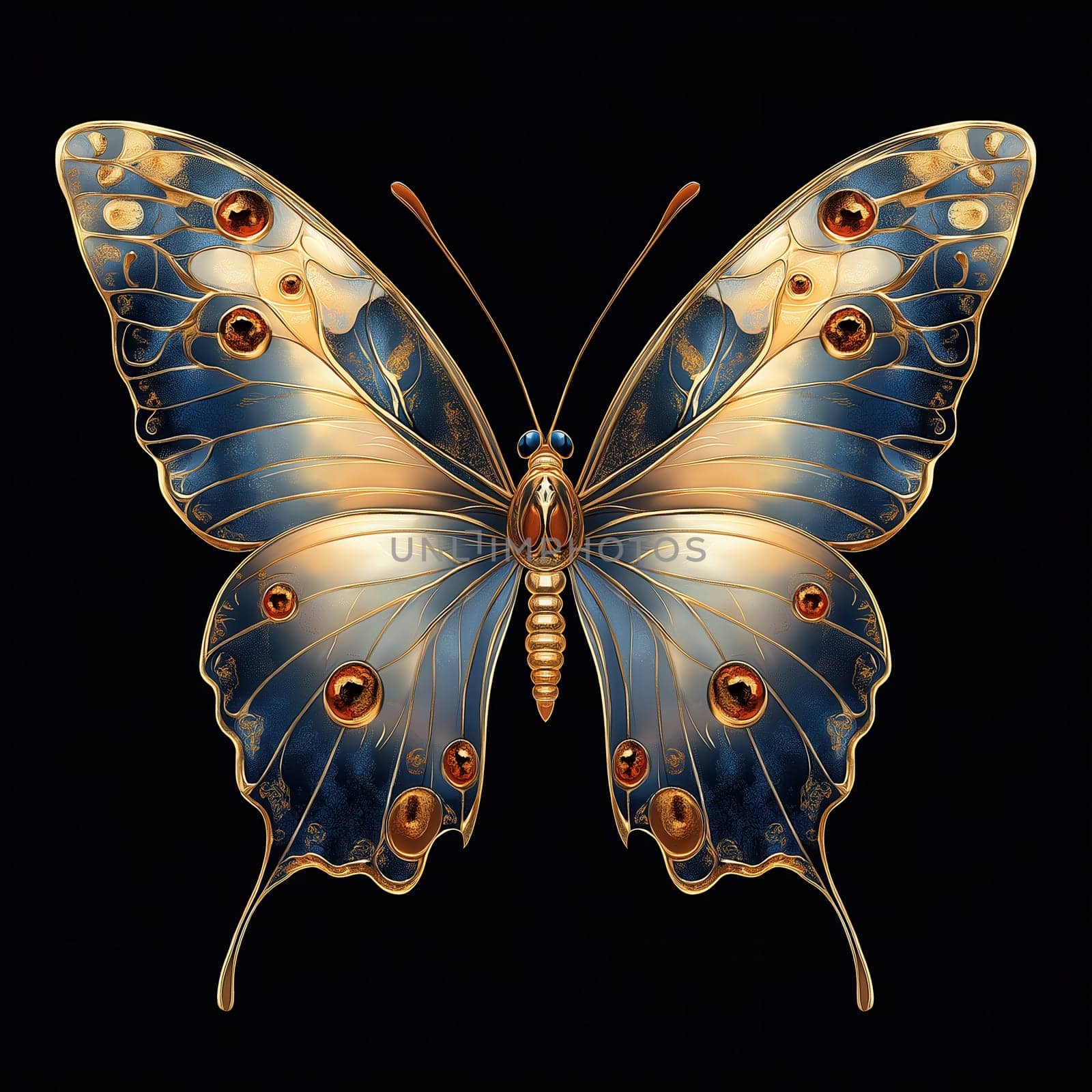 A mystical glowing butterfly on a black background. Selective focus.