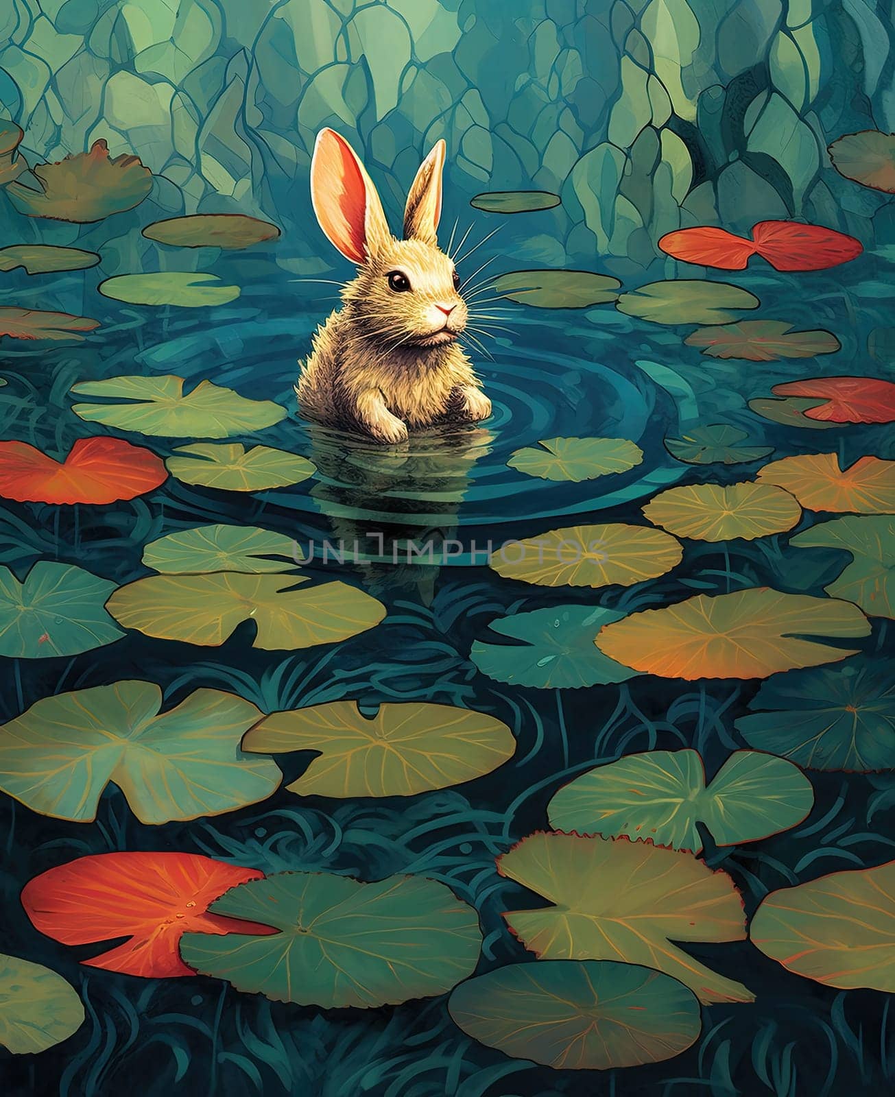Illustration for children, rabbit sitting in lake, surrounded by lotus leaves. Selective focus.