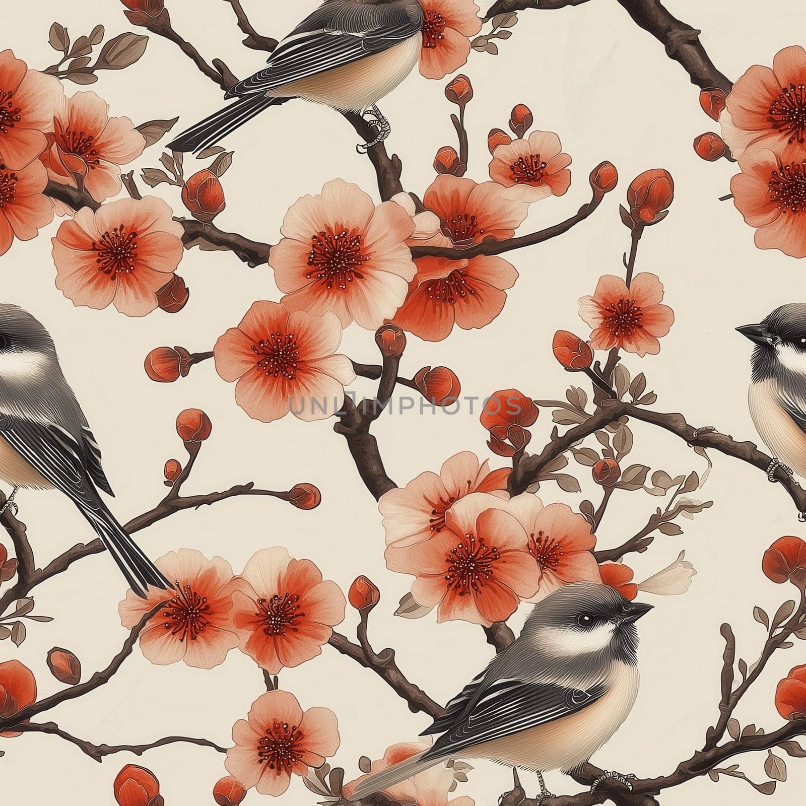 Seamless pattern with flowers and birds on branches, on a light background. Selective focus.