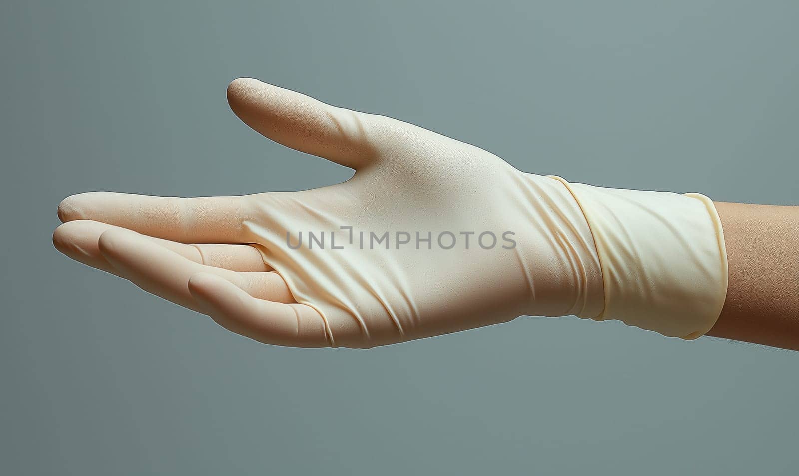 Hand in a white latex glove on a light background. Selective focus.