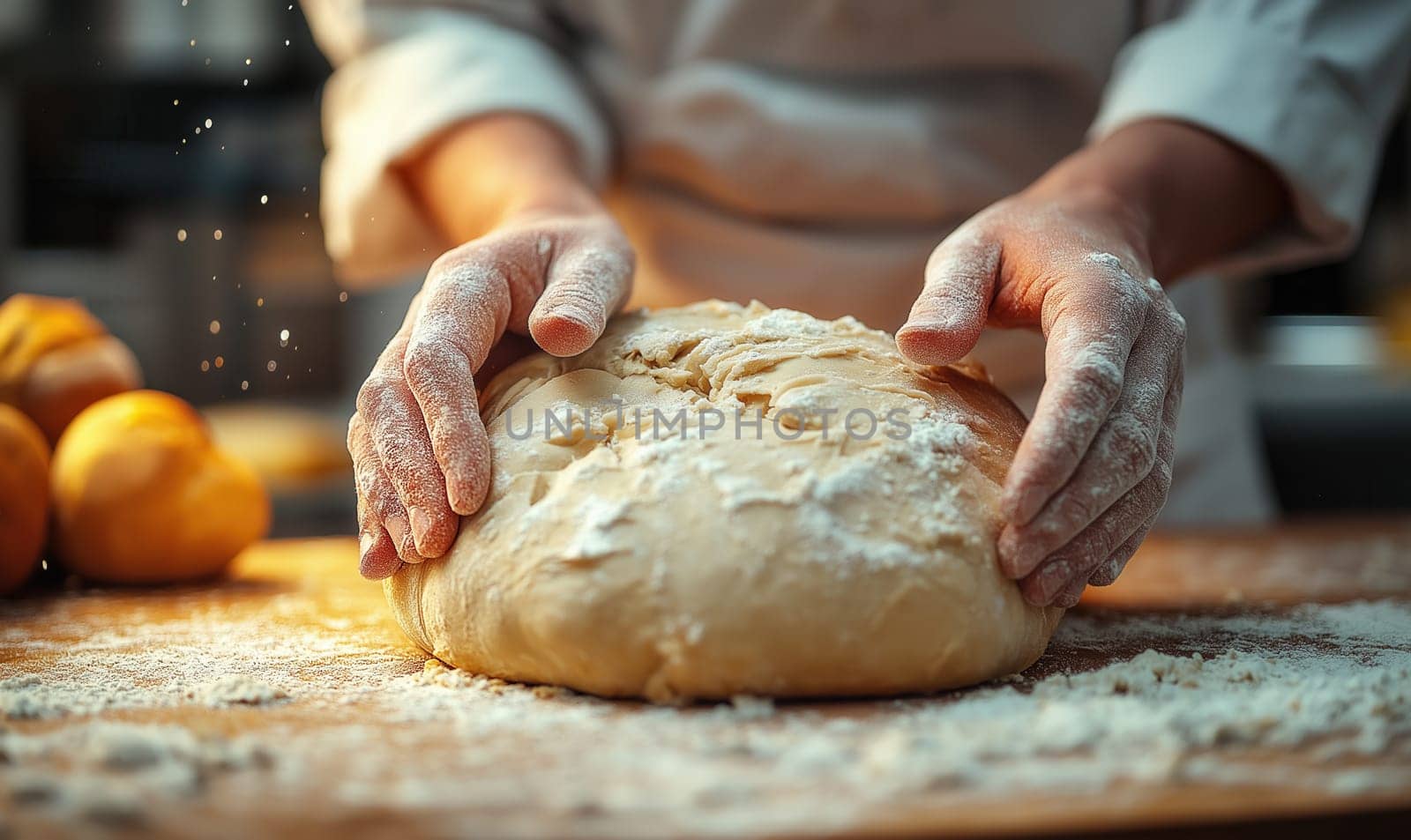 Close-up of hands kneading dough on table surface. Selective focus.