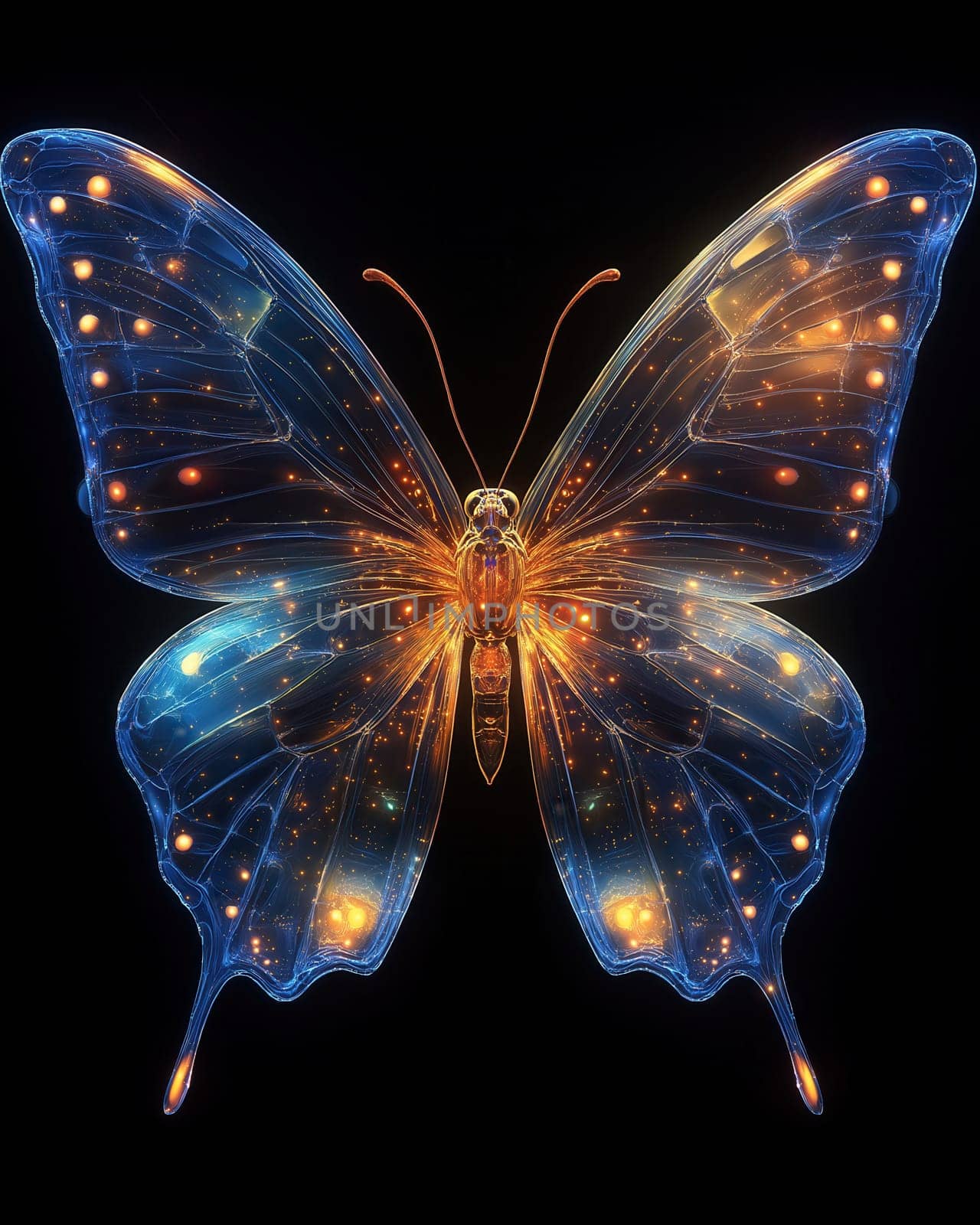 A mystical glowing butterfly on a black background. Selective focus.