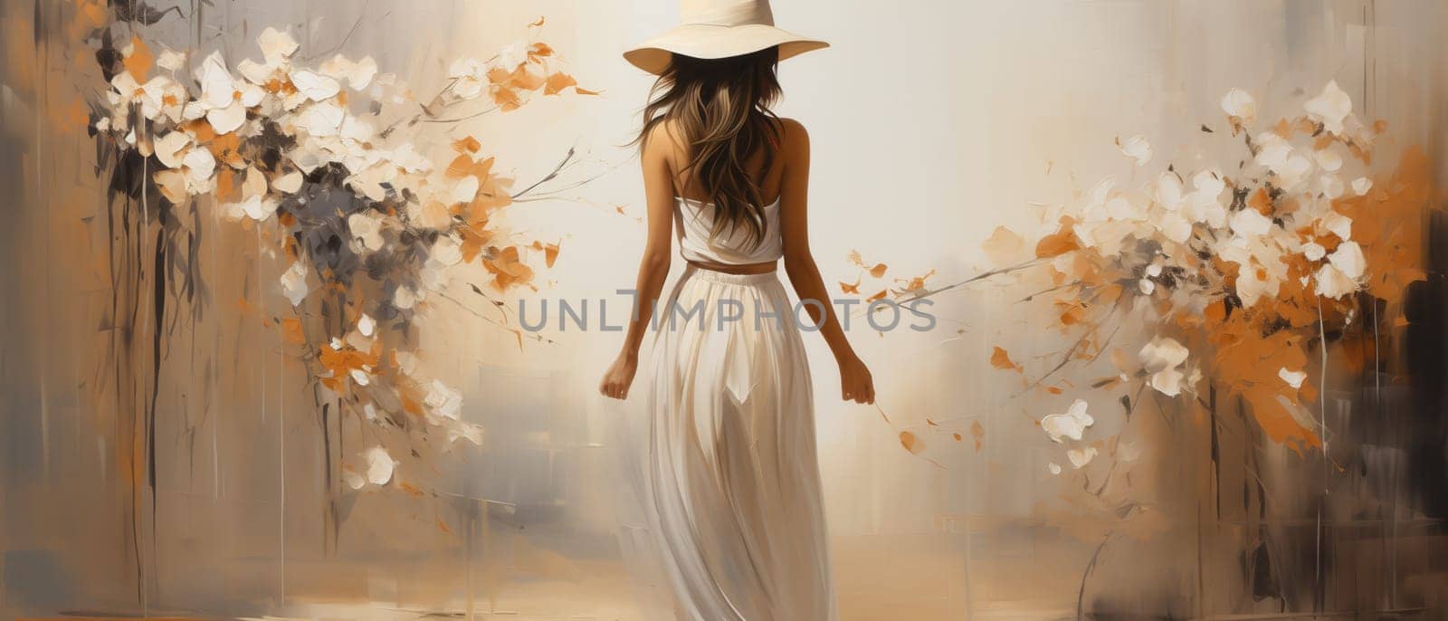 Abstract painting, painting woman in hat and flowers.on textured background. Selective focus.