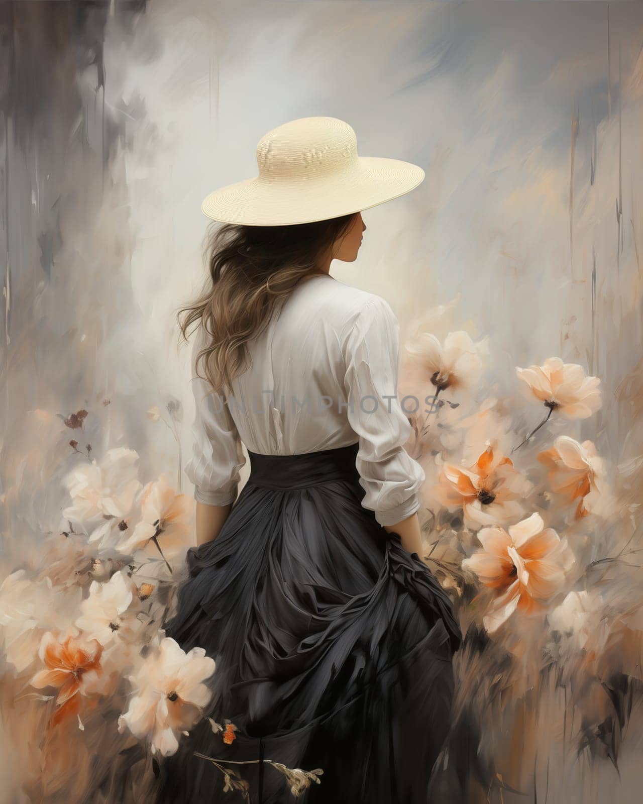 Abstract painting, painting woman in hat and flowers.on textured background. Selective focus.
