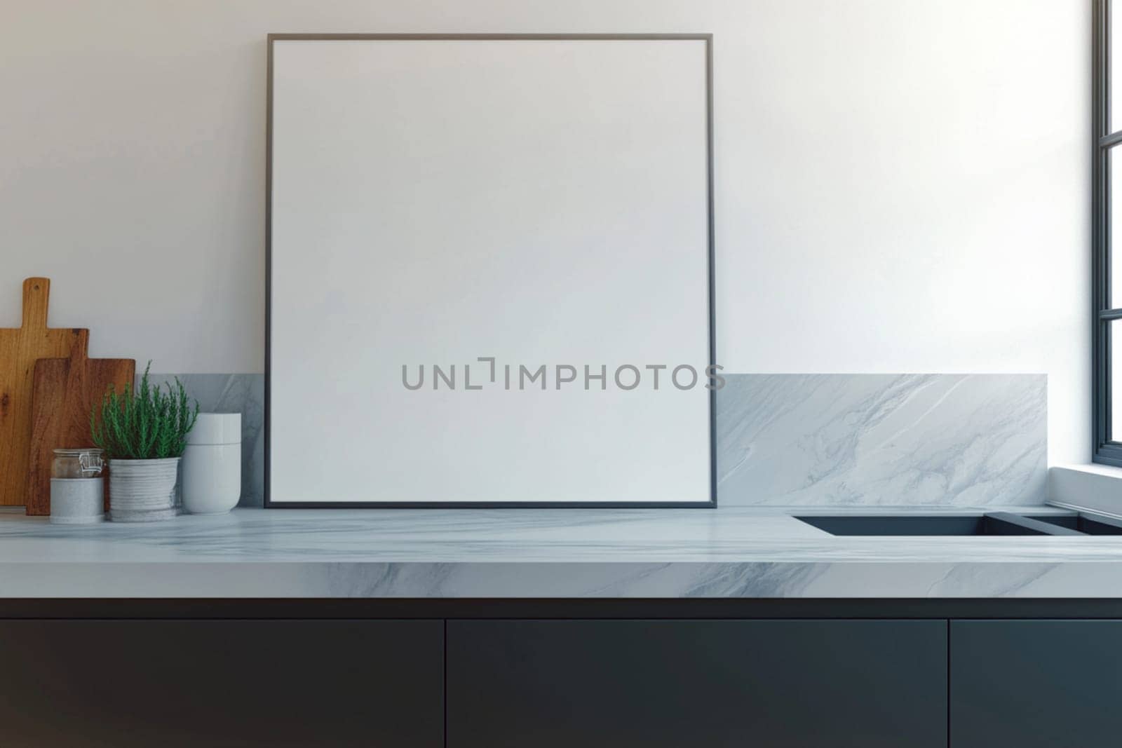 A white framed mirror sits on a countertop next to a sink and a wooden cutting board. The countertop is made of marble and the mirror is empty