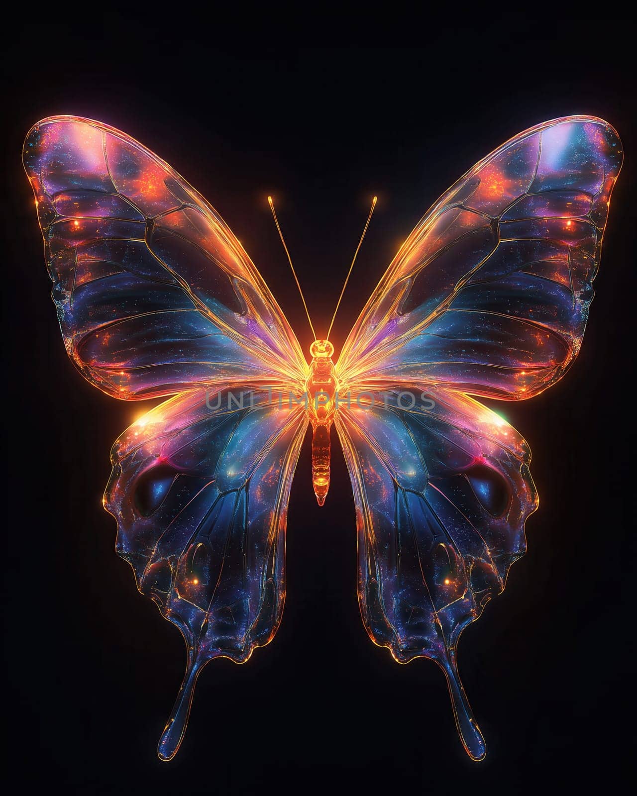 A mystical glowing butterfly on a black background. Selective focus.