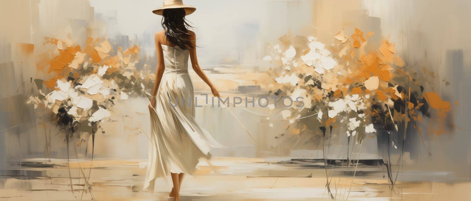Abstract painting, painting woman in hat and flowers.on textured background. Selective focus.