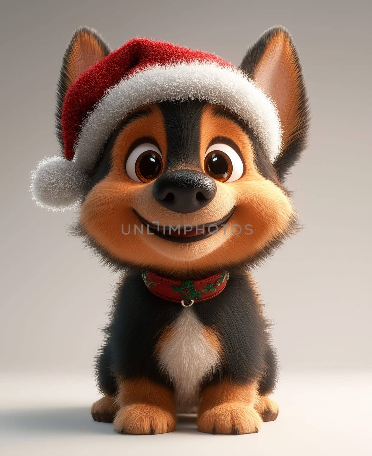 Cartoon smiling dog in Santa Claus hat, on white background. Selective focus.