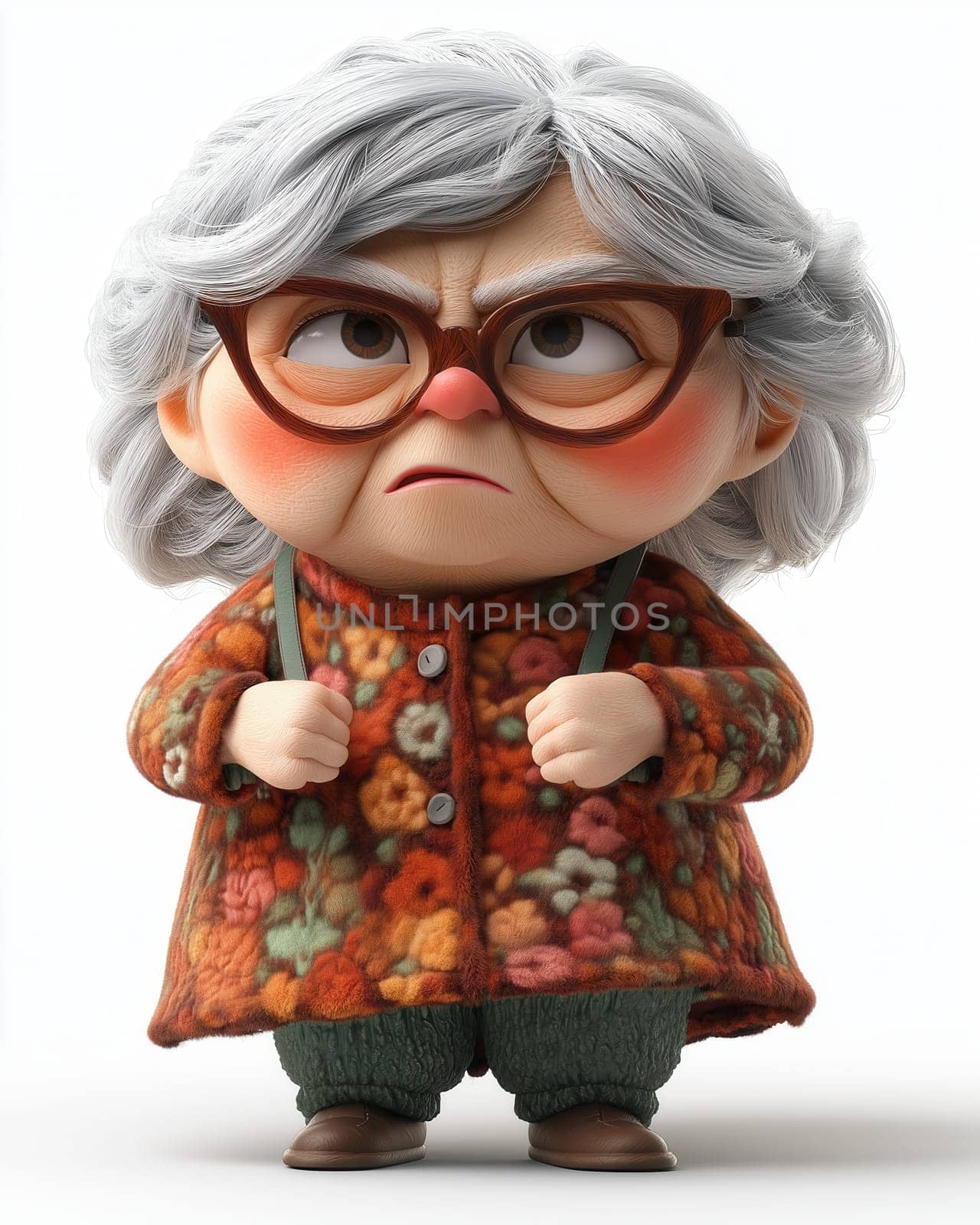 Cartoon dissatisfied elderly woman shakes her finger, on a white background. Selective focus.