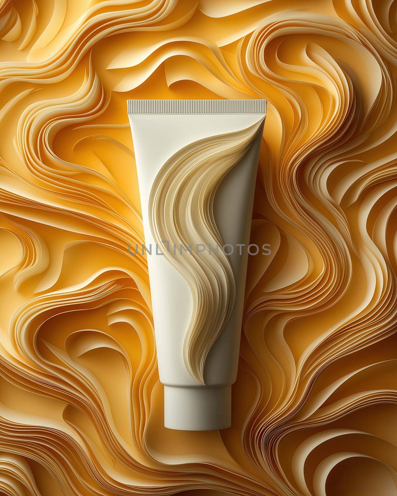 A tube of cream on a creative background, light on light. Selective focus.