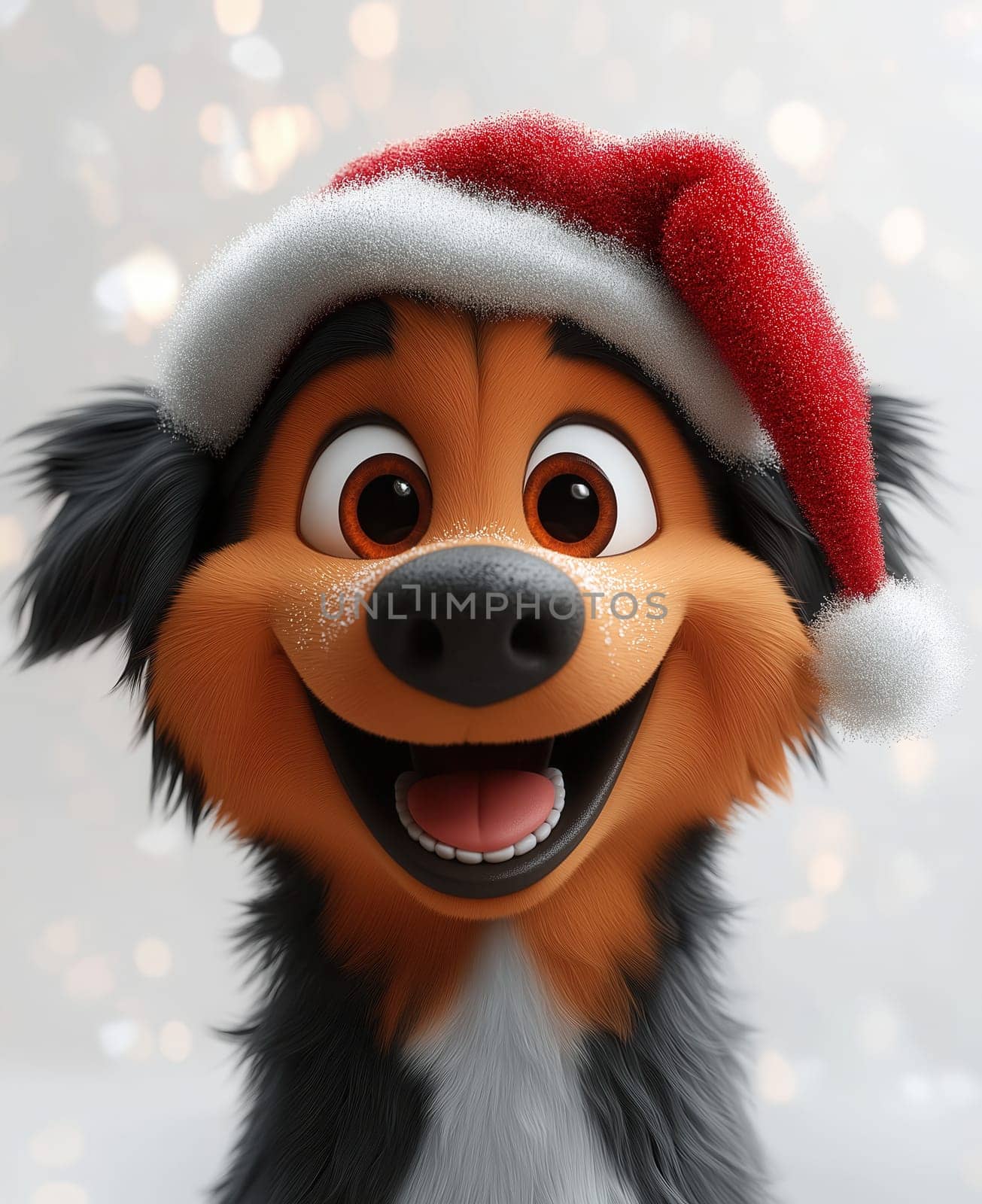 Cartoon smiling dog in Santa Claus hat, on white background. Selective focus.
