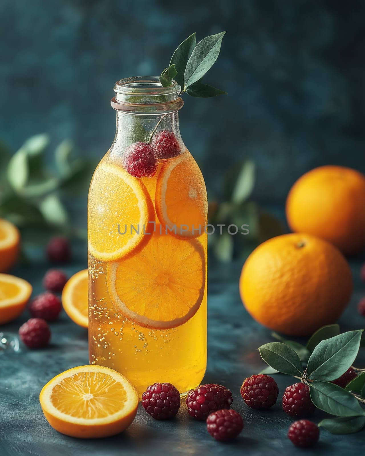 Glass bottle with drink filled with orange slices, berries. Selective focus.